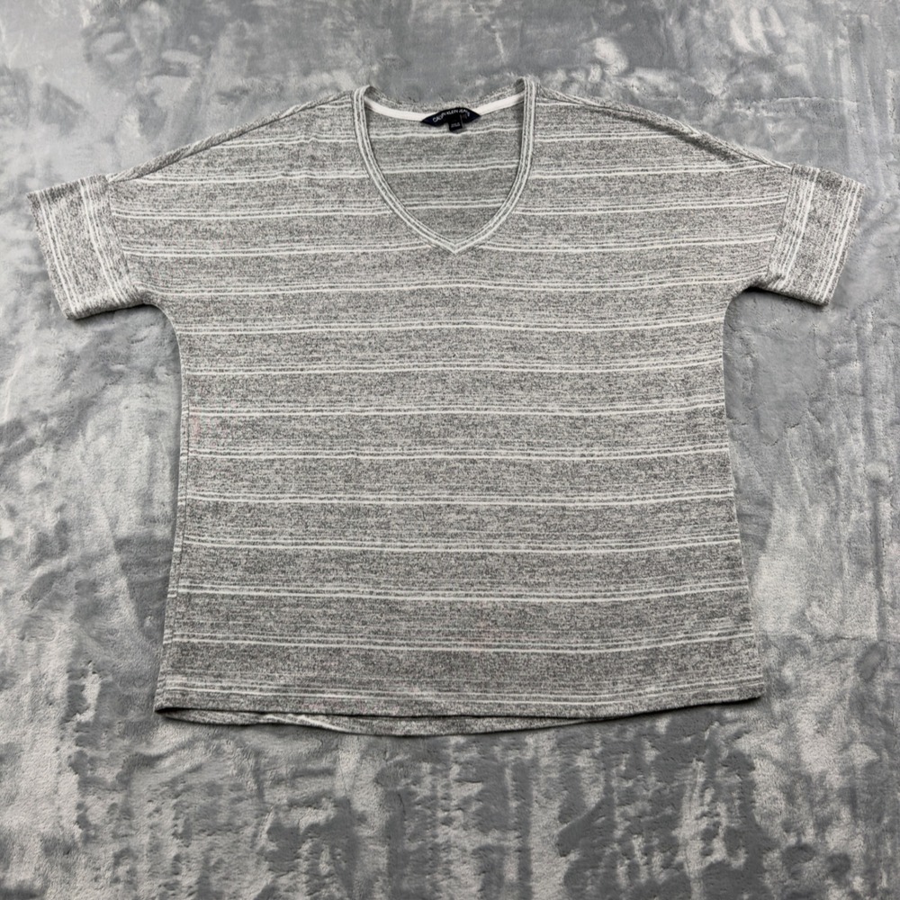 Calvin Klein Jeans Womens Gray White Striped V-Neck Short Sleeve Top Large